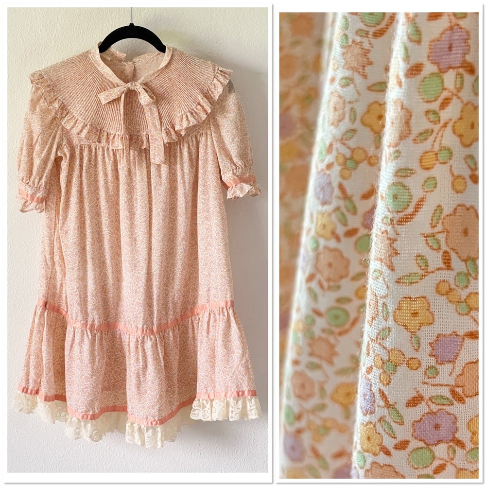 Vintage Floral Pleated Ruffle Lace Girls Dress